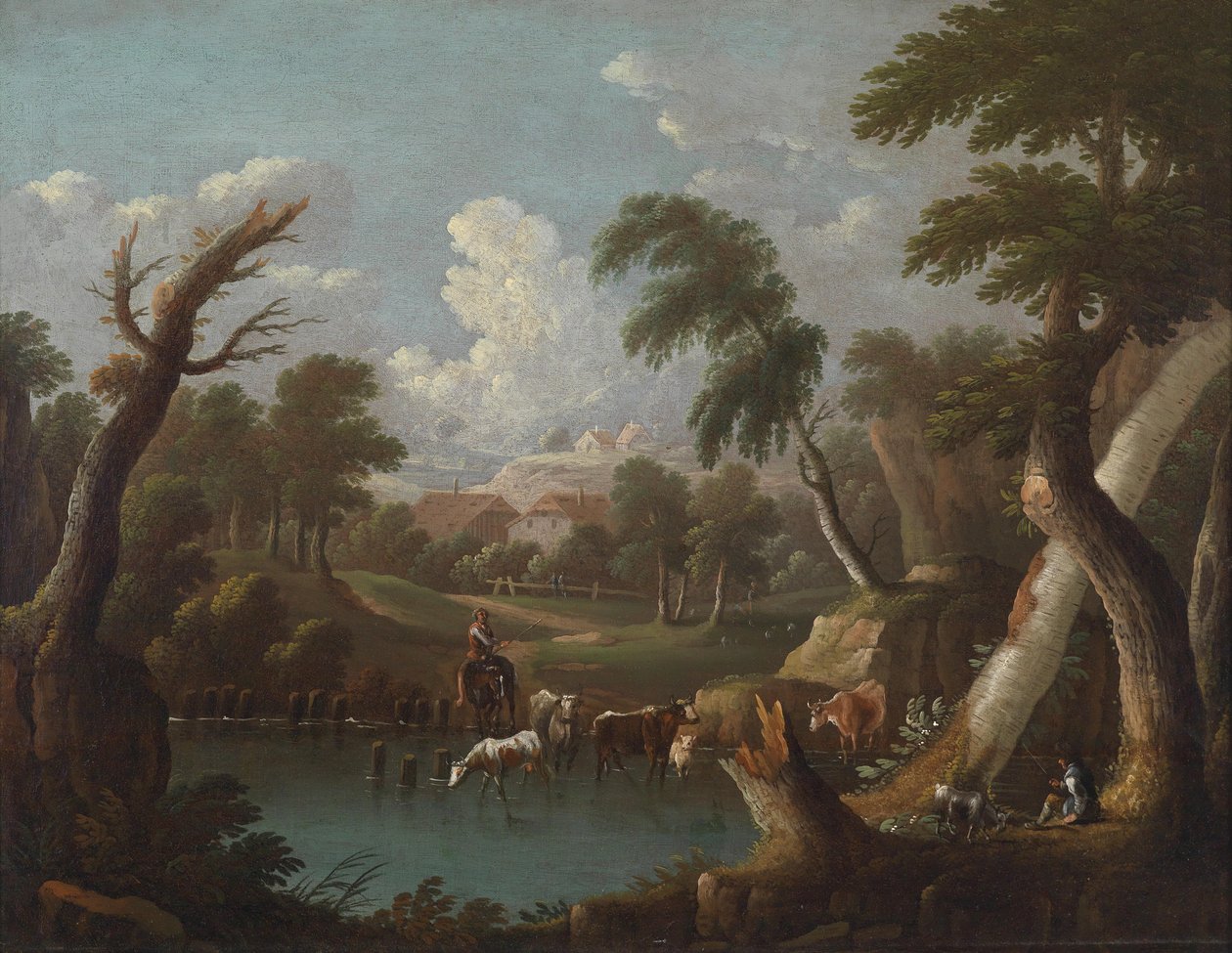 Paisagem montanhosa com gado a beber em uma lagoa de Johann Georg von Bemmel
