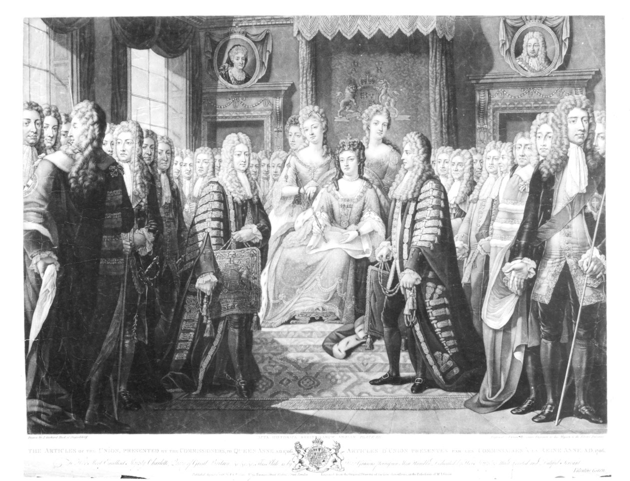 Os Artigos da União Apresentados pelos Comissários à Rainha Anne, 1706, placa 12 de &39;Atos Históricos das Rainhas da Inglaterra&39;, gravada por Valentine Green (1739-1813) 1786 de Johann Gerhard Huck