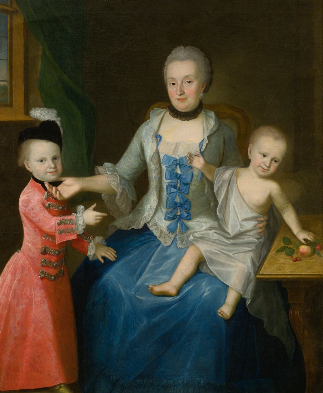 Retrato de Friederica Adolphina, condessa de Schlieben e seus dois filhos, Gotthelf Sigismund e Adolf Friedrich de Johann Gottlieb Becker