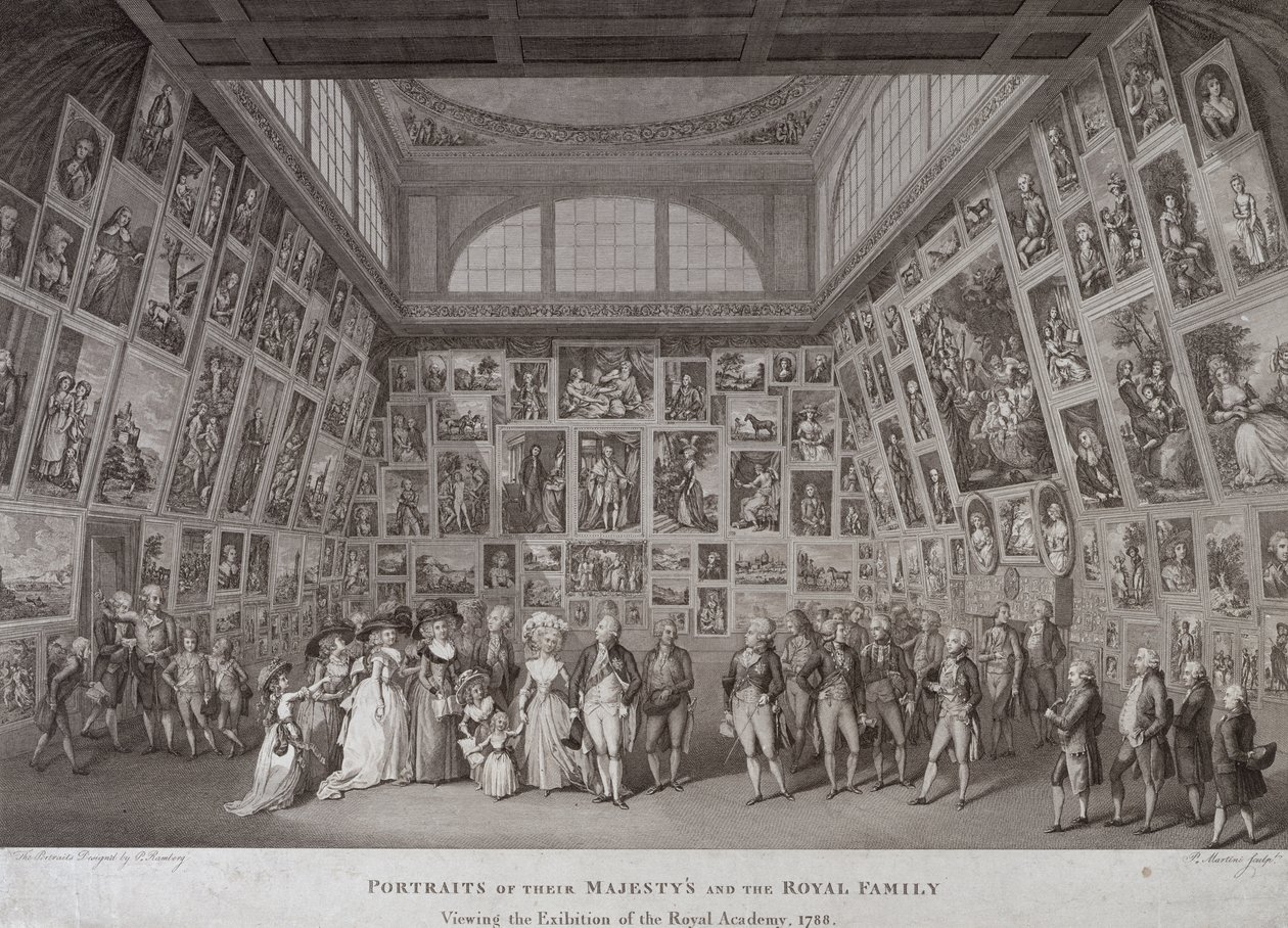 Vista interior, de, somerset, casa, mostrando, rei, george, iii (1738-1820), rainha, charlotte, (1744-1818), e, a, família real, ver, um, exposição, de, a, real, academia artes, em, 1788, 1788 de Johann Heinrich Ramberg