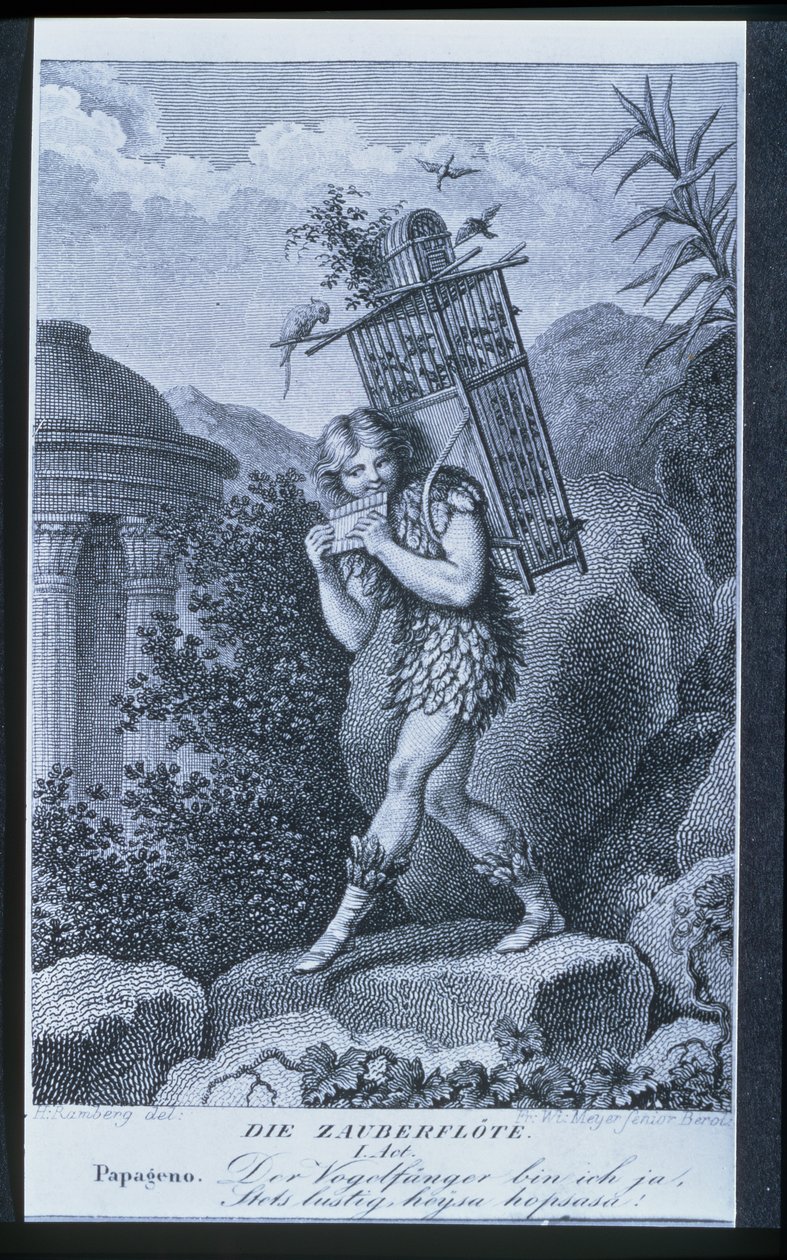 Papageno: Eu sou o caçador de pássaros, sim! Sempre alegre, fiddle-di-i, violino-di-da !, Ato I de &39;A Flauta Mágica&39; de Wolfgang Amadeus Mozart (1756-91), gravado por Friedrich Wilhelm Meyer Sênior (bc177 de Johann Heinrich Ramberg