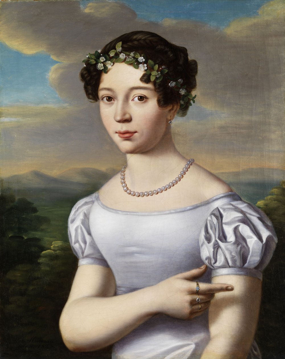 Retrato, de, um, menina jovem, com, myrtle, grinalda, e, colar pérola de Johann Herrmann