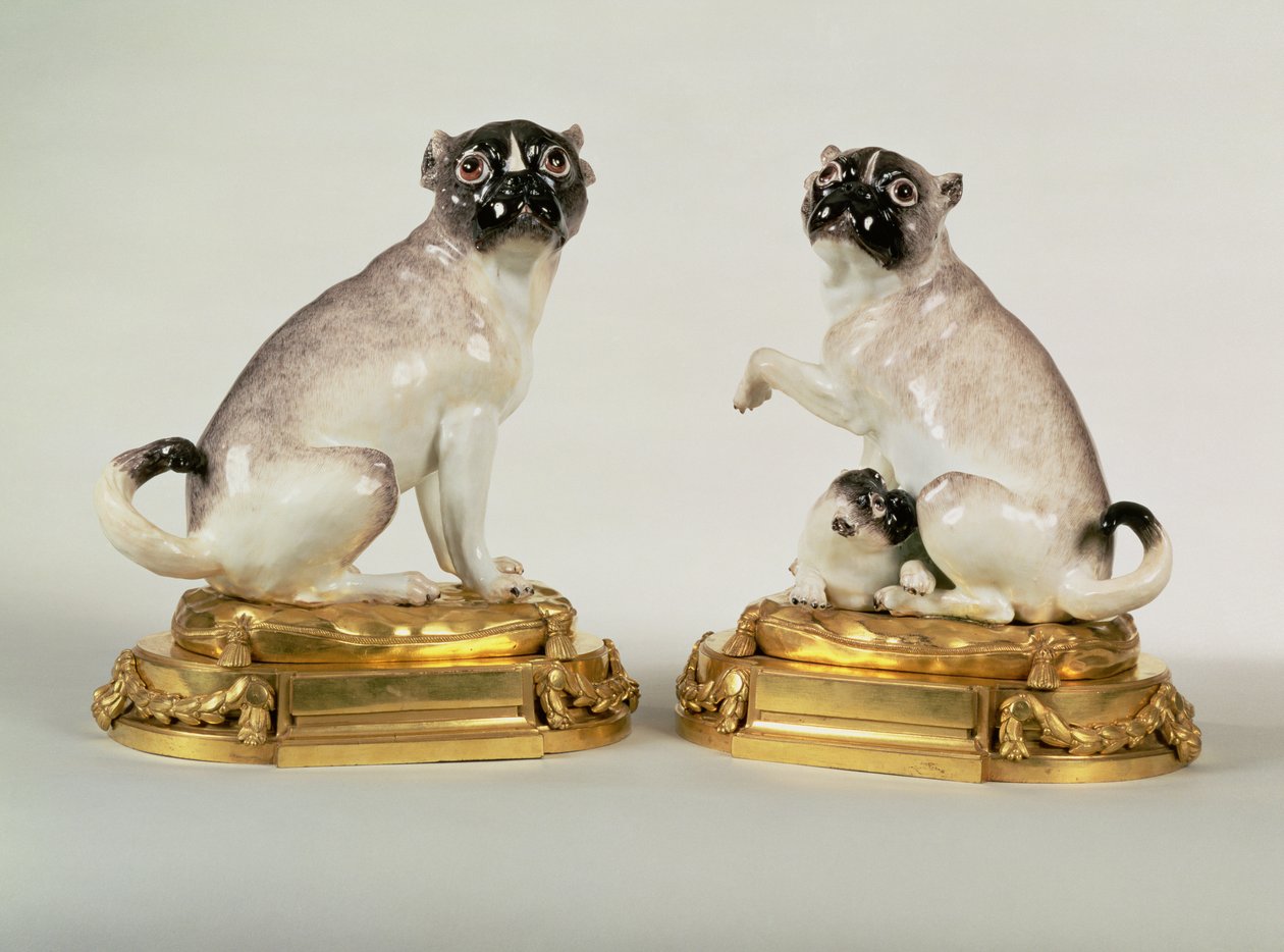 Par de figuras de porcelana Meissen de cães pug montados em Louis XVI ormolu, c.1750 (porcelana) de Johann Joachim Kaendler