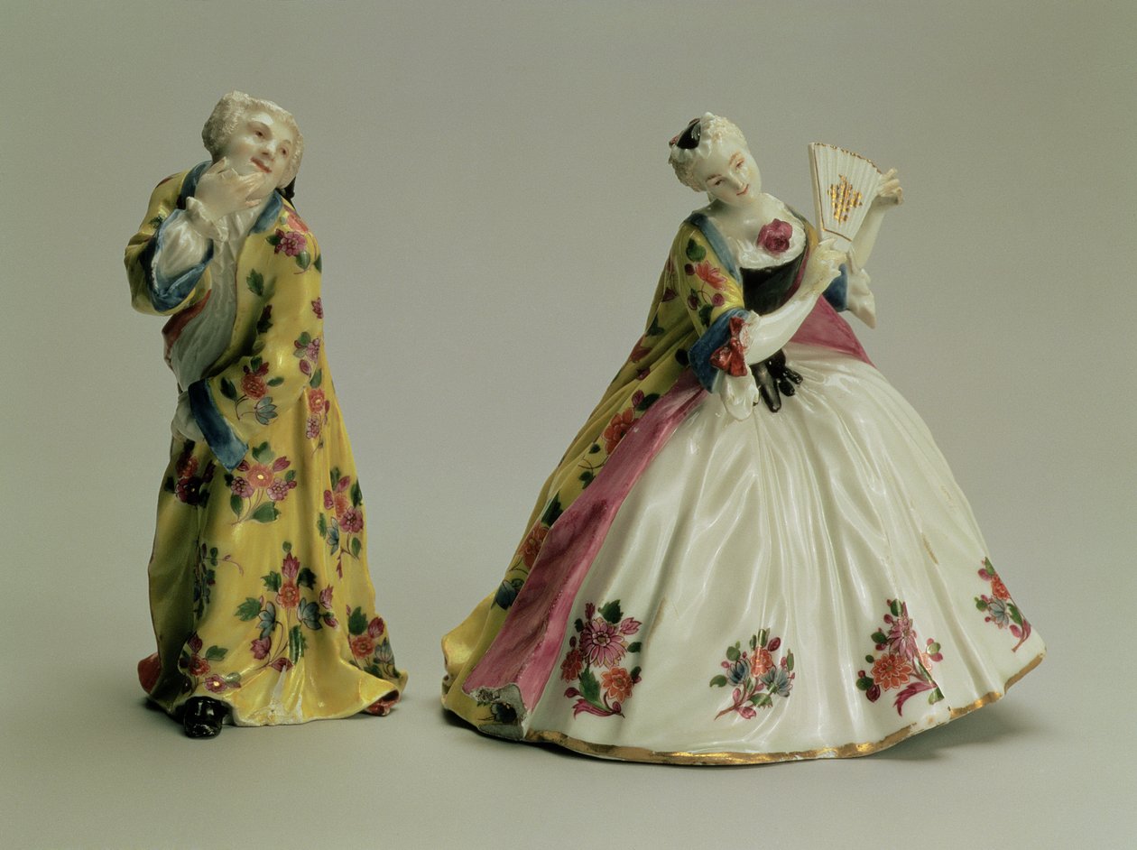 Par de figuras: Homem em um manto oriental e senhora com um leque, Meissen, 1736 (porcelana) de Johann Joachim Kaendler