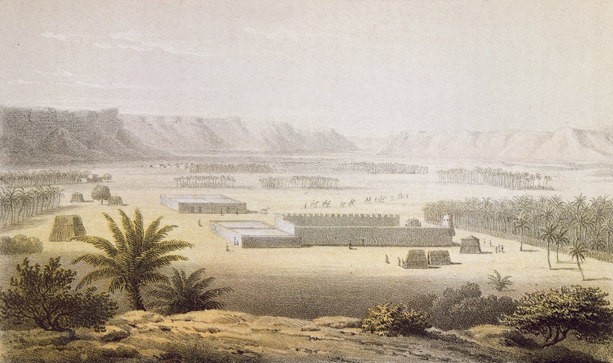 O oásis de Ghat e suas plantações em 1850, de "Viagens e Descobertas na África do Norte e Central" por Heinrich Barth, gravado por J. Woelfjle, publicado em 1857 (gravura colorida) de Johann Martin Bernatz