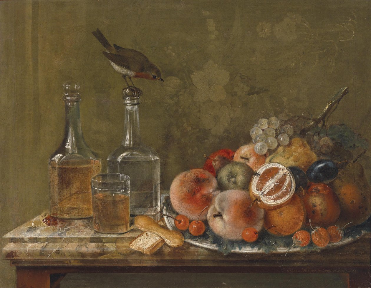 Ainda vida com frutas e garrafas de vidro de Johann Matthias Wurzer
