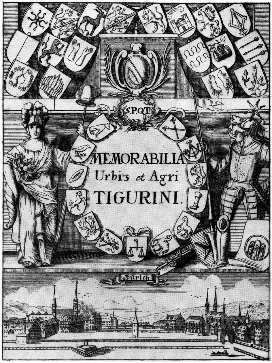 Título cobre da terceira edição, ampliada em 1742, de Hans Heinrich Bluntschlis memorabilibus Tigurinis de Johann Melchior Füßli