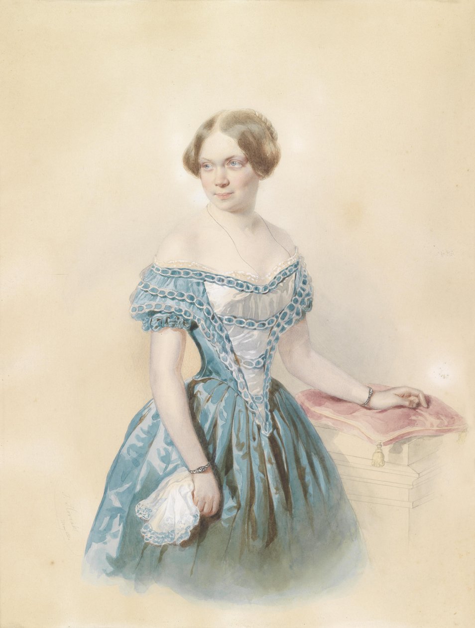 Retrato de uma jovem mulher em um vestido azul, de acordo com a tradição, a jovem Marie von Ebner Eschenbach de Johann Nepomuk Horrak