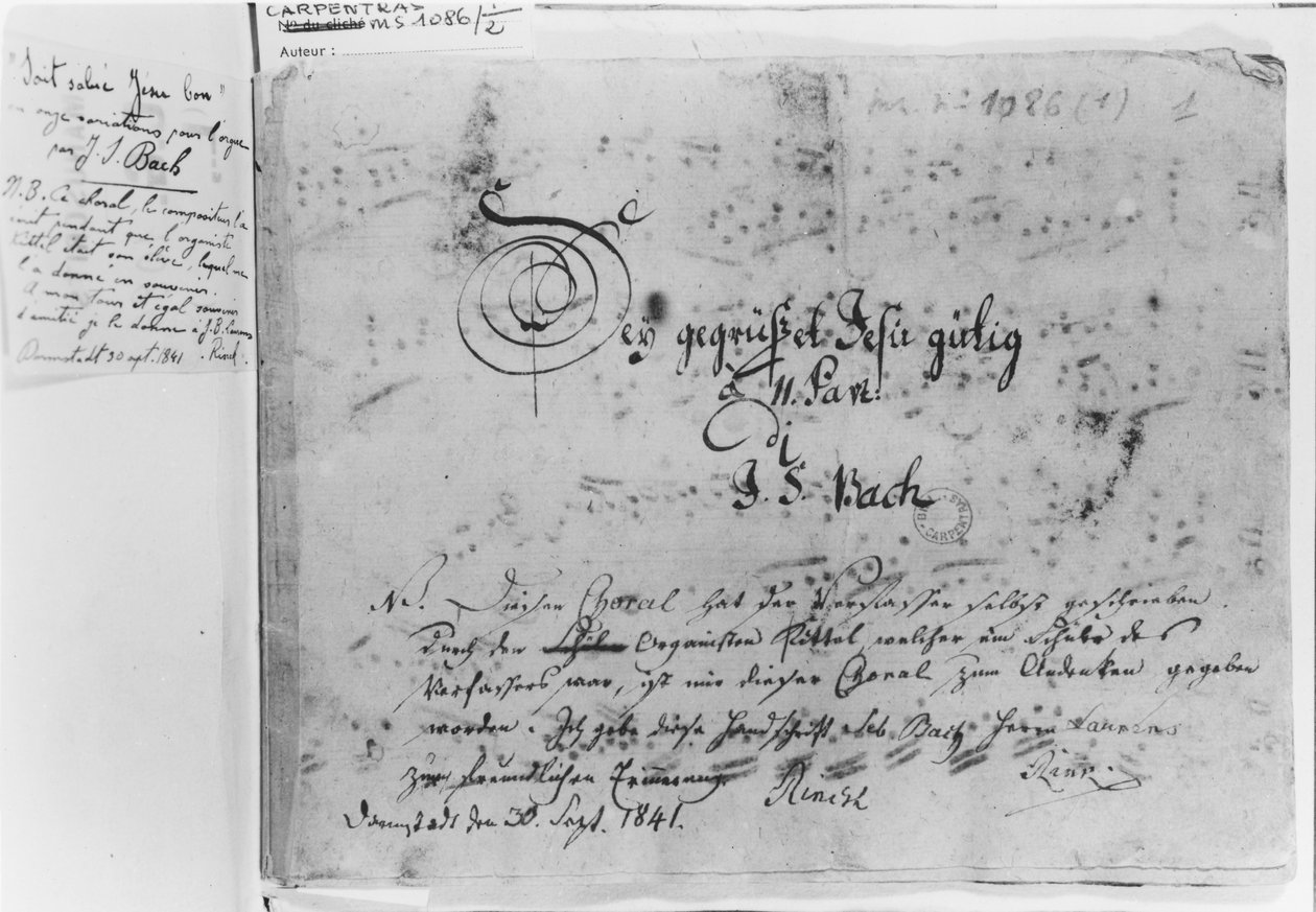 Variações de Coro para Órgão de Johann Sebastian Bach: &39;Sei gegrusset, Jesu gutig&39;, com título e anotações de Rinck, comprador do manuscrito em 1841 (ms 1086 fol. 1) de Johann Sebastian Bach