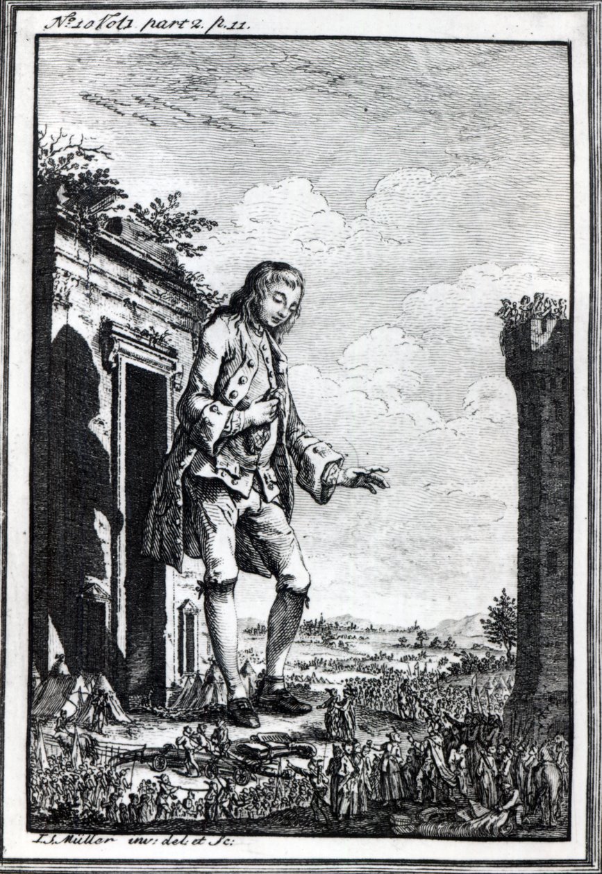 Gulliver entre os liliputianos, ilustração de &39;viagens de Gulliver&39; por Jonathan Swift de Johann Sebastien Muller