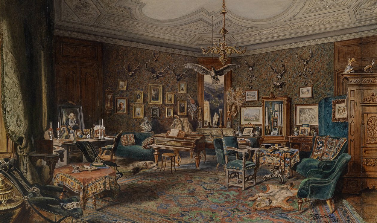 Interior imponente com troféus de caça na parede de Johann Varrone