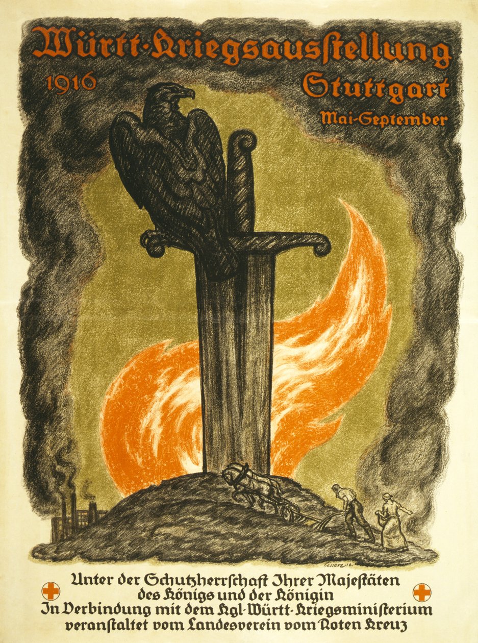 Cartaz publicitário de uma Exposição de Guerra patrocinada pela Cruz Vermelha Württ. Exposição de Guerra, 1916 Stuttgart Maio-Setembro, c.1916 de Johann Vincenz Cissarz