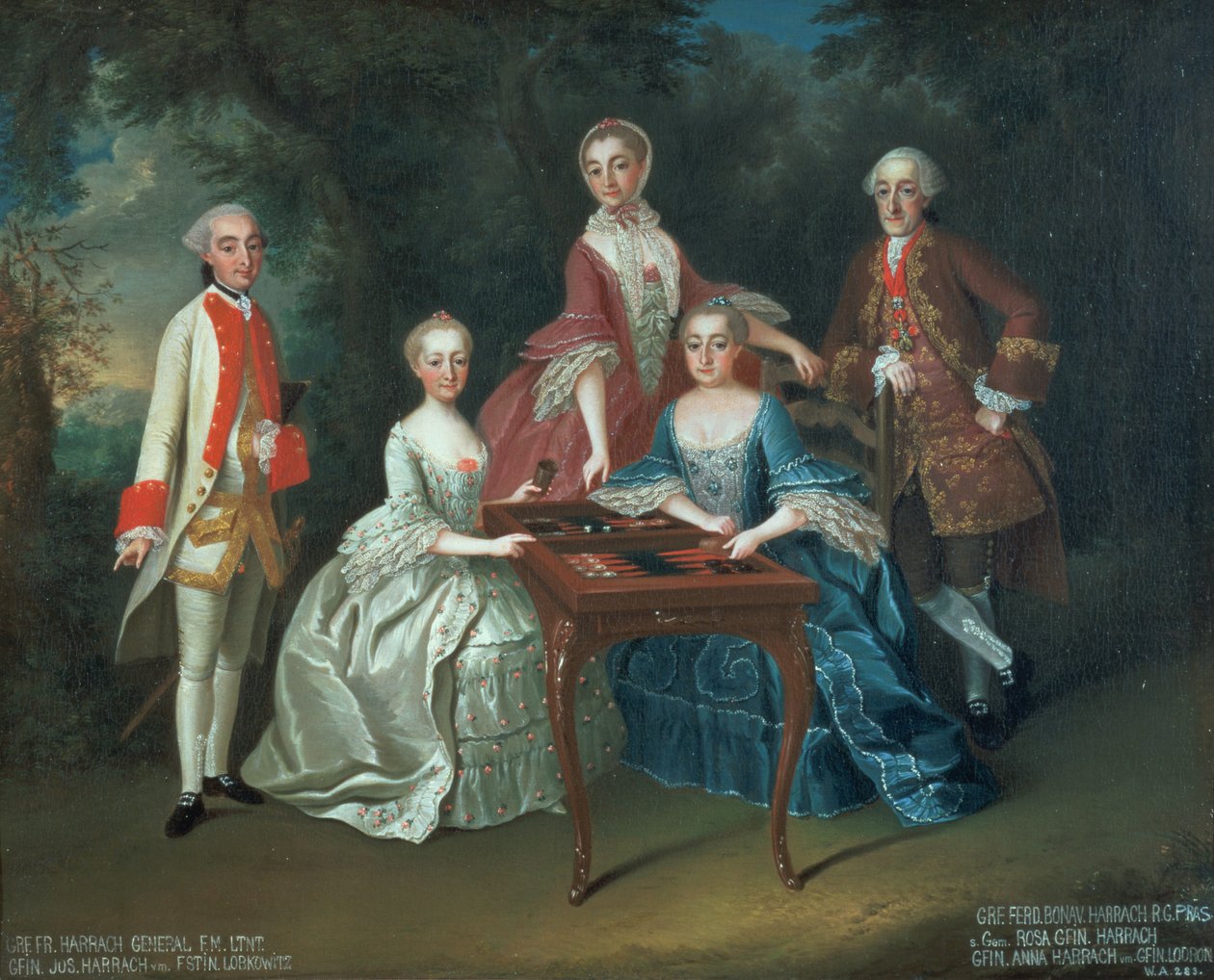 Retrato de grupo da família Harrach jogando gamão, incluindo o general Conde Ferdinand Harrach, conde Ferdinand Bonaventura Harrach com Rosa, Anna e Josefina de Johann Wilhelm Hoffnas or Hofnaas