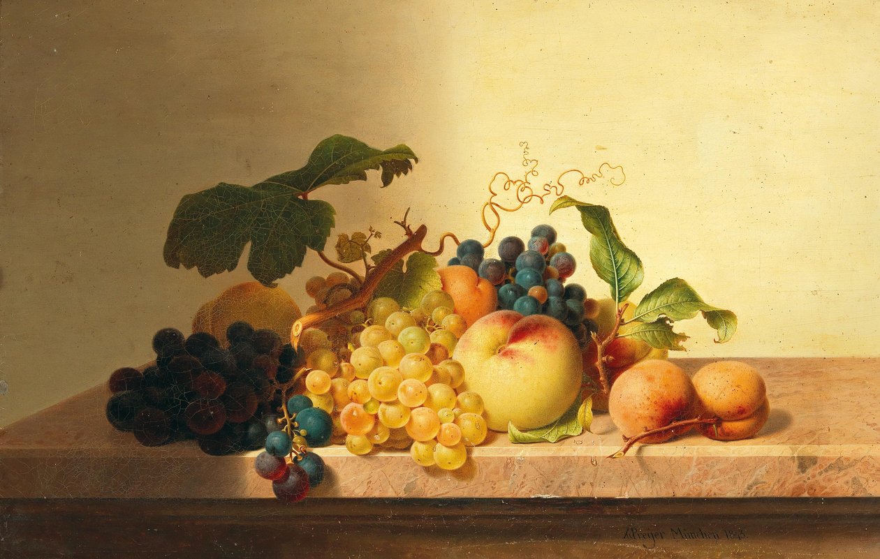Ainda vida com uvas, pêssegos e damascos de Johann Wilhelm Preyer