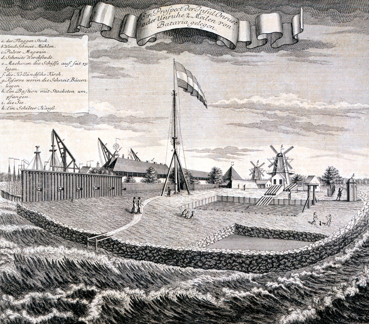 Madeira da Companhia Holandesa das Índias Orientais ou serraria na ilha, a três quilômetros de Batavia, chamada &39;Onrost&39; ou &39;Unruhe&39; com remessa atrás, a partir de uma série de vistas da Batavia &39;Schau-platz da África und Ost-Indie de Johann Wolfgang Heydt