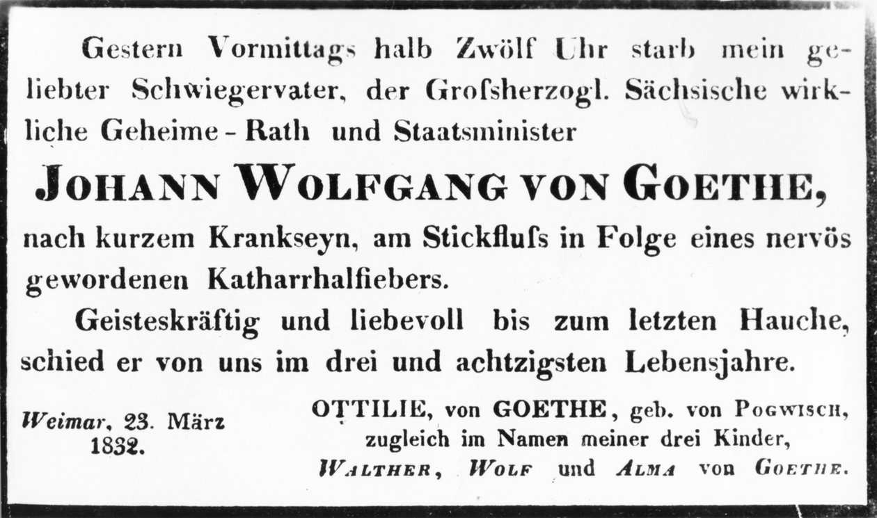 Nota de morte de Johann Wolfgang von Goethe, 1832 (impressão) de Johann Wolfgang von Goethe