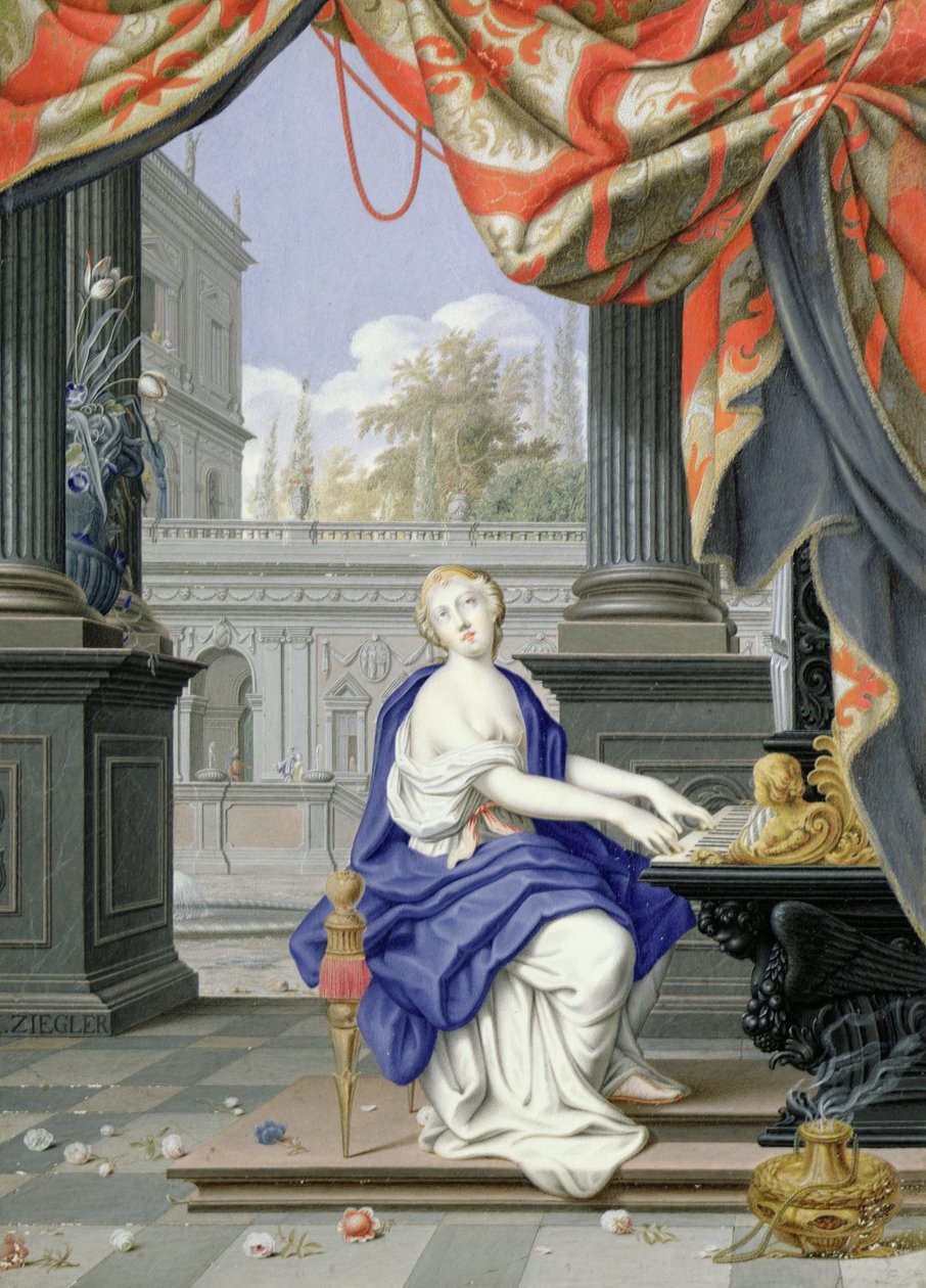 Santa Cecília sentada jogando um Órgão (wc e guache no papel) de Johann Ziegler