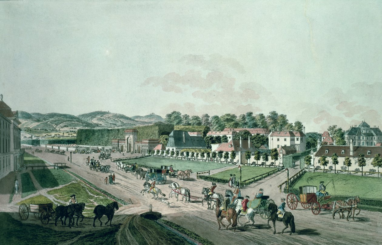 Vista do Palácio Augarten e Parque, Viena (gravura colorida à mão) de Johann Ziegler