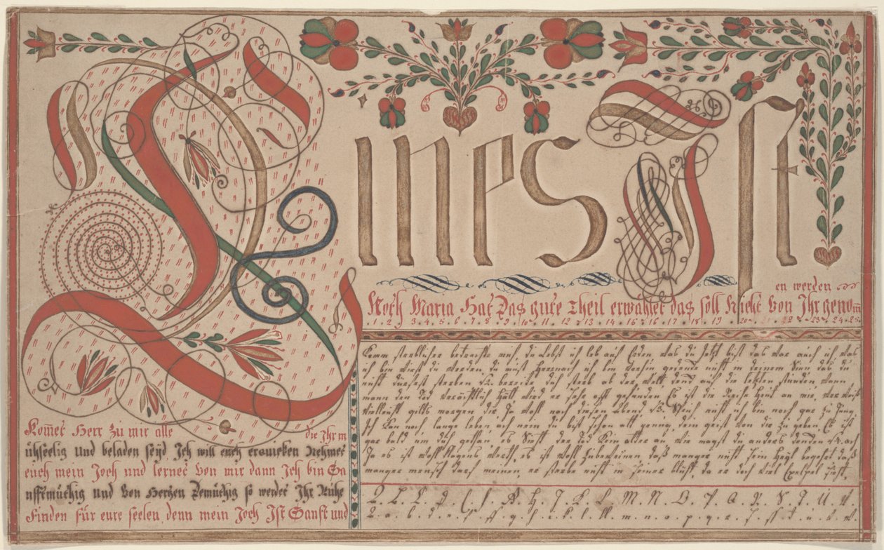 Escrita Vorschrift Exercício para Esther Hadmänn, Fraktur Pintura caneta e tinta com wc em papel de Johann Adam Eyer