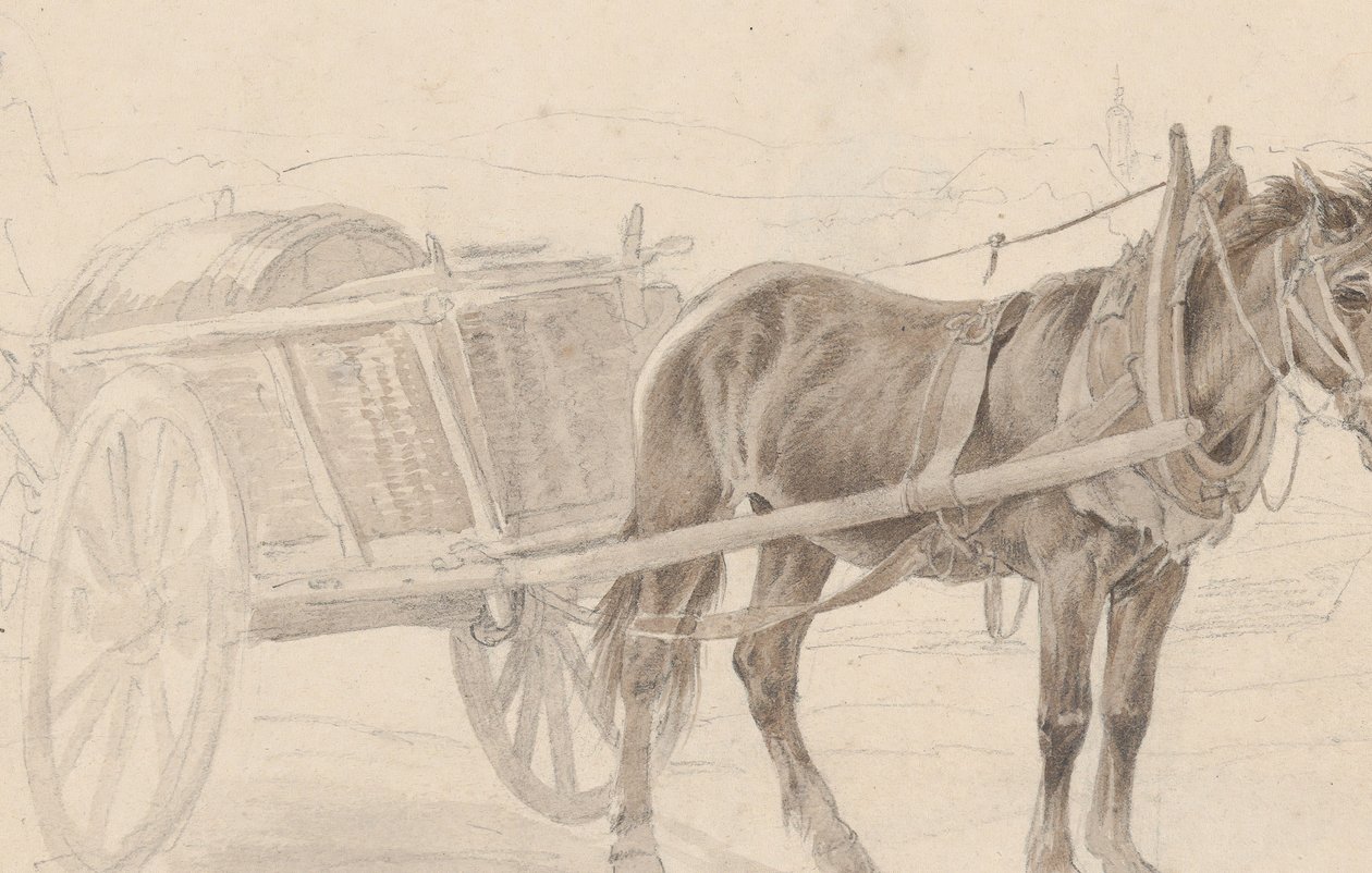 Uma carroça puxada por um cavalo marrom perto de um poste de luz, Verso: Um grupo de oficiais montados, ca. 1815. de Johann Adam Klein