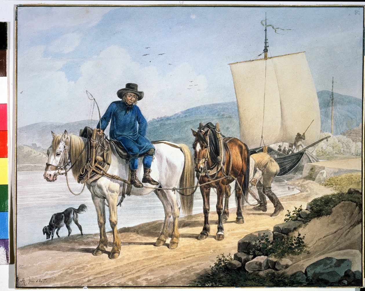 "Um cavalo e uma carroça no rio". Cavalos ao longo de um rio a rebocar um barco ou utilizados para descarregar mercadorias num caminho de reboque". Pintura de Johann Adam Klein (1792-1875) de Johann Adam Klein