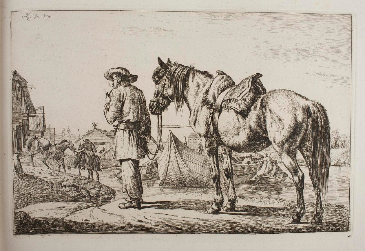 Um eslovaco com o seu cavalo junto a um rio de Johann Adam Klein