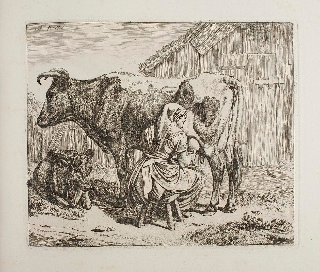 Vaca com bezerro a ser ordenhada de Johann Adam Klein
