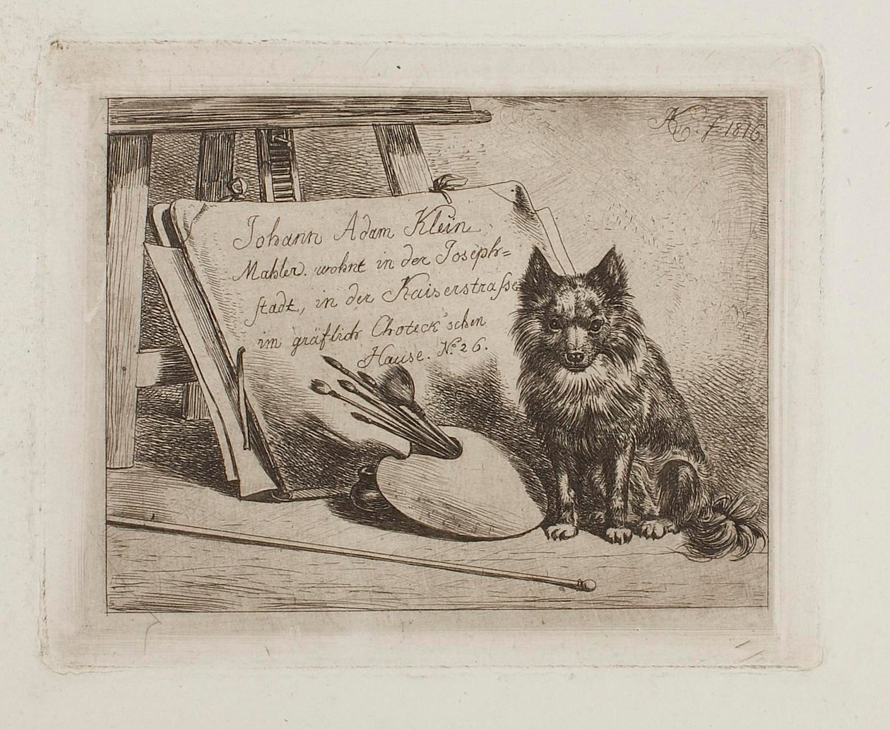 Cão sentado junto aos utensílios do pintor e à pasta com a morada do artista de Johann Adam Klein