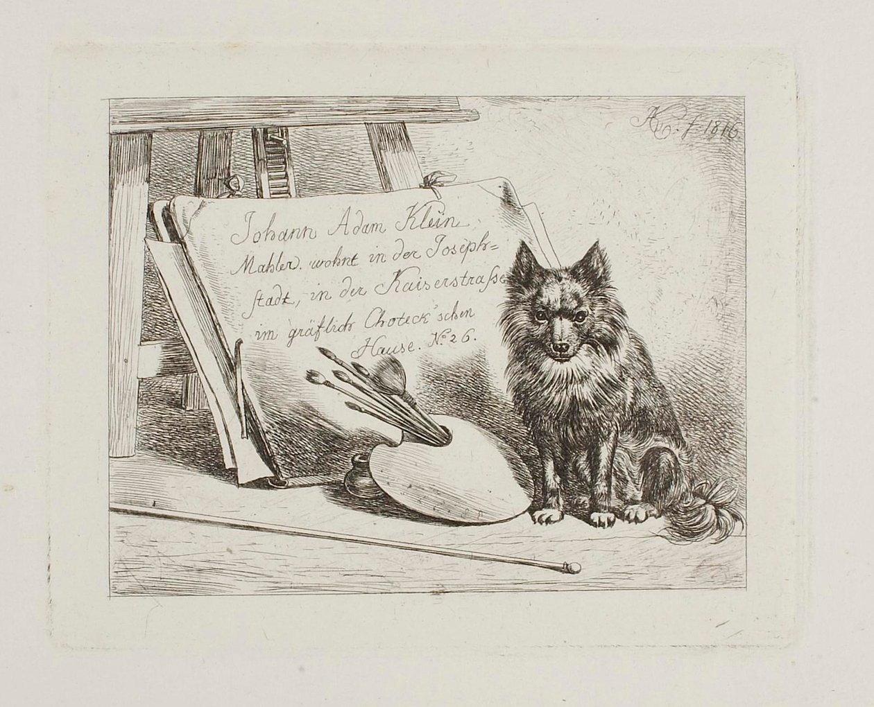 Cão sentado junto às ferramentas de pintor e ao portfólio, com a morada do artista de Johann Adam Klein