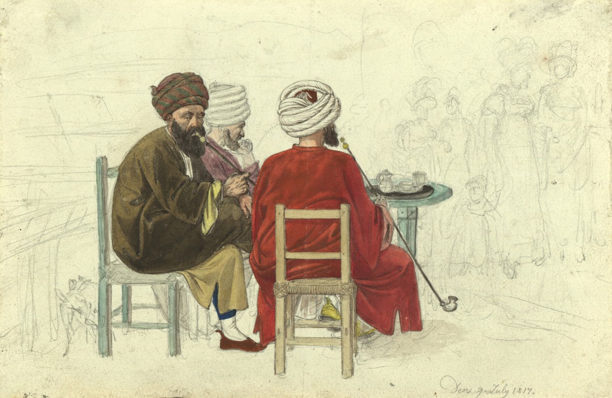 Três turcos (ou gregos) sentados à volta de uma mesa no café Augustini, na Rotenturmbastei de Johann Adam Klein