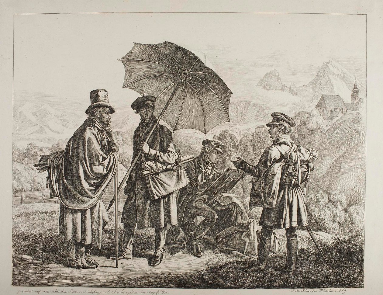 Ernst Welker, Johann Christoph Erhard e os irmãos Heinrich e Friedrich Philipp Reinhold numa viagem pitoresca de Salzburgo a Berchtesgaden, em agosto de 1818 de Johann Adam Klein