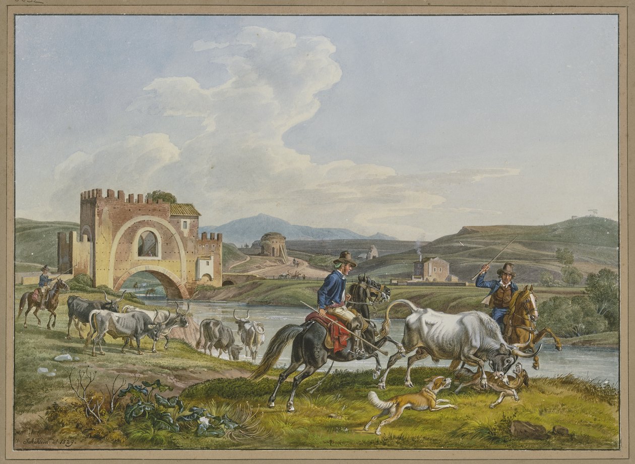Campagnoli romanos, a cavalo, capturam um touro com a ajuda de cães de Johann Adam Klein