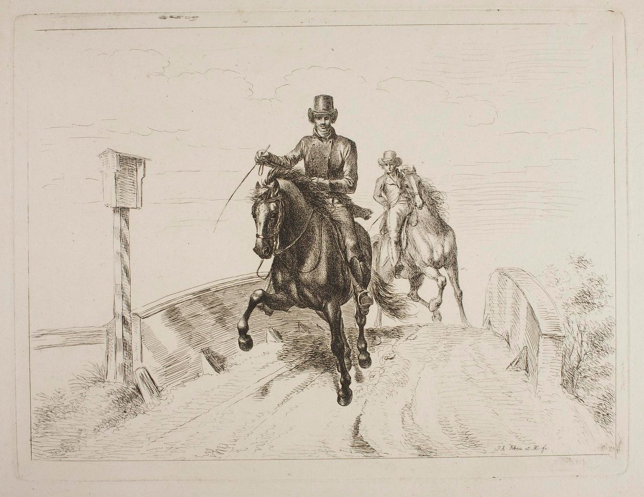 Dois cavaleiros a galope numa ponte de Johann Adam Klein
