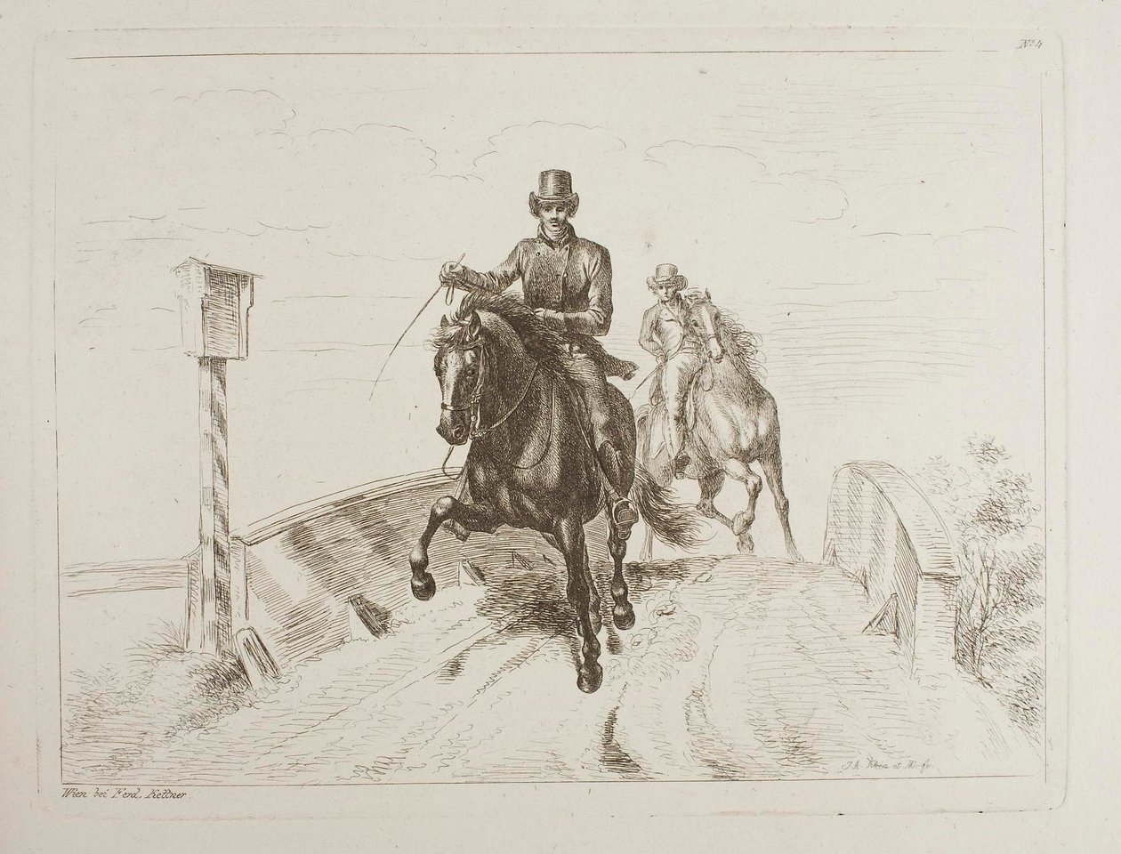 Dois cavaleiros a galope numa ponte de Johann Adam Klein
