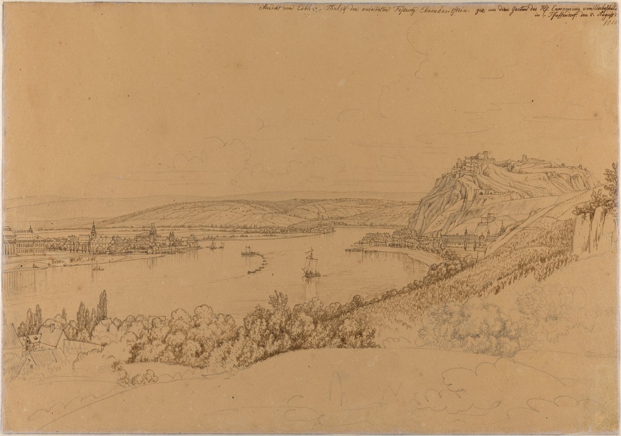 Vista de Koblenz com o Reno e a fortaleza Ehrenbreitstein (frente); vista do castelo de Heidelberg (verso) de Johann Adam Klein