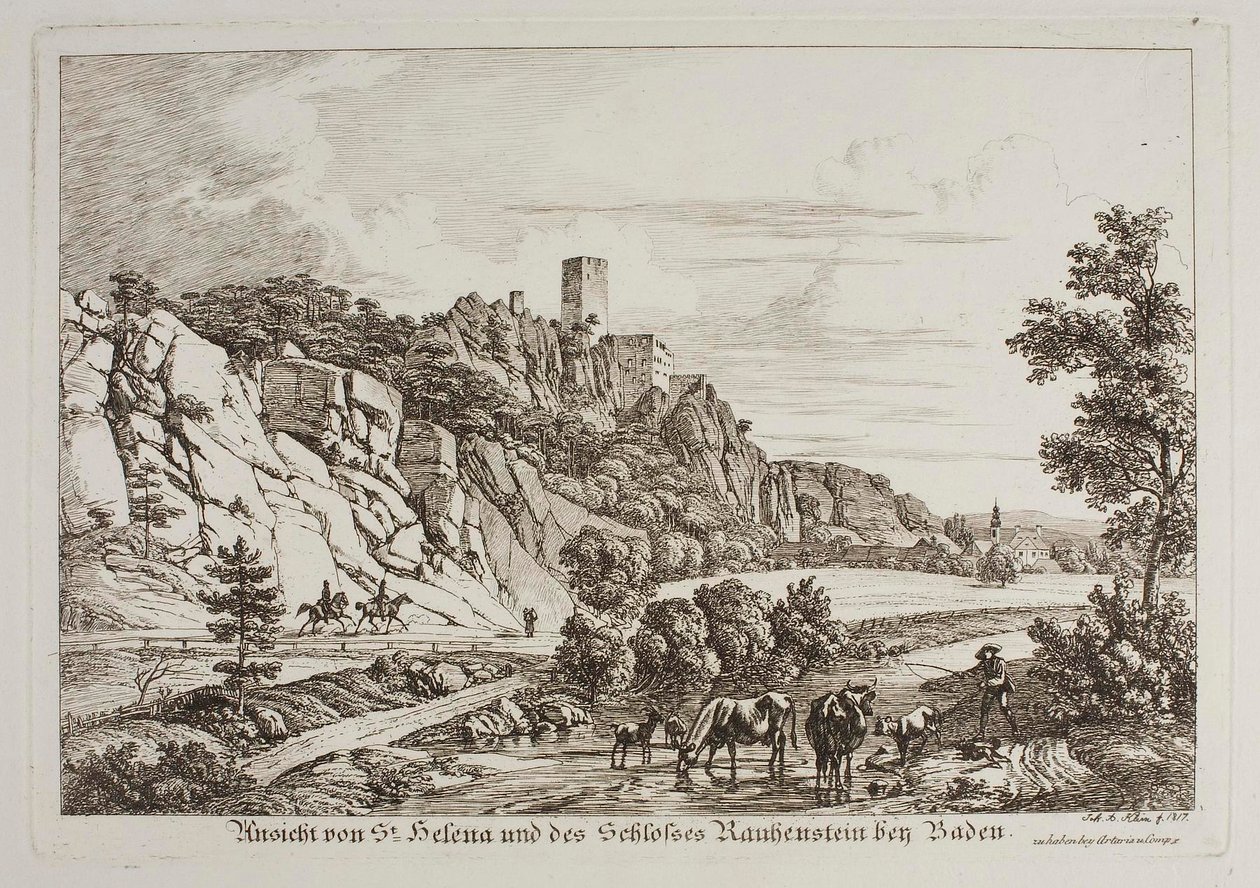 Vista de Santa Helena e do castelo de Rauhenstein perto de Baden de Johann Adam Klein