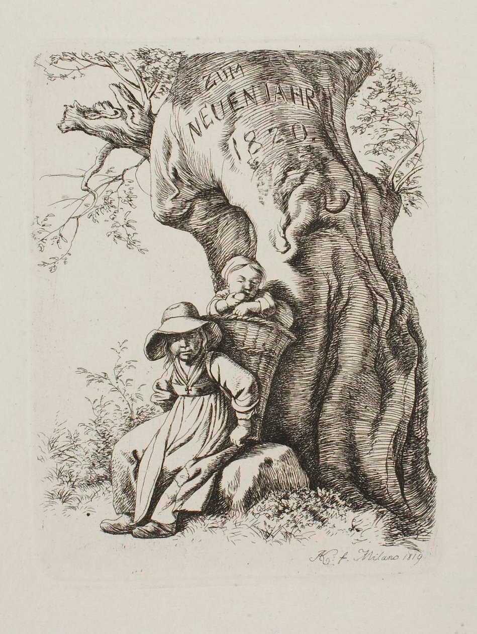 Para o Ano Novo de 1820. Mulher de um agricultor com uma criança de Johann Adam Klein