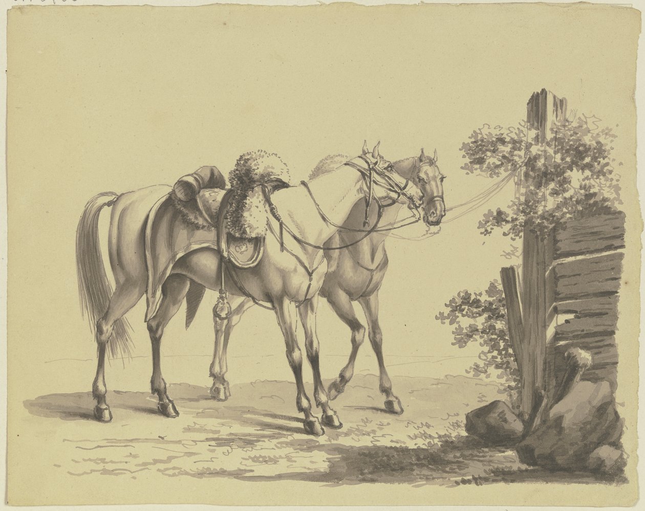 Dois cavalos militares selados, amarrados a um poste de Johann Adam Klein