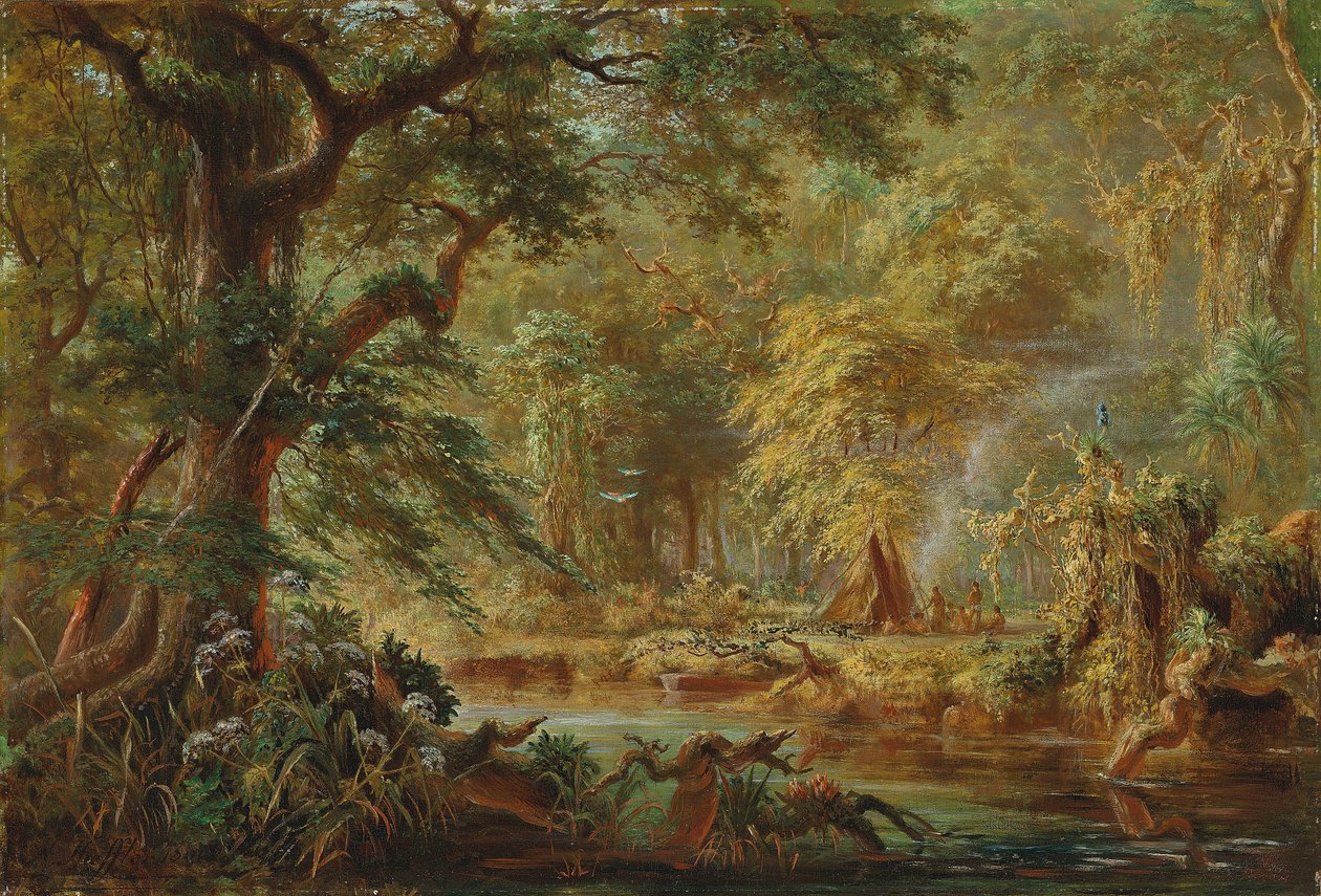 Acampamento de índios brasileiros ao lado de um rio na floresta tropical de Johann Adolf Höffler
