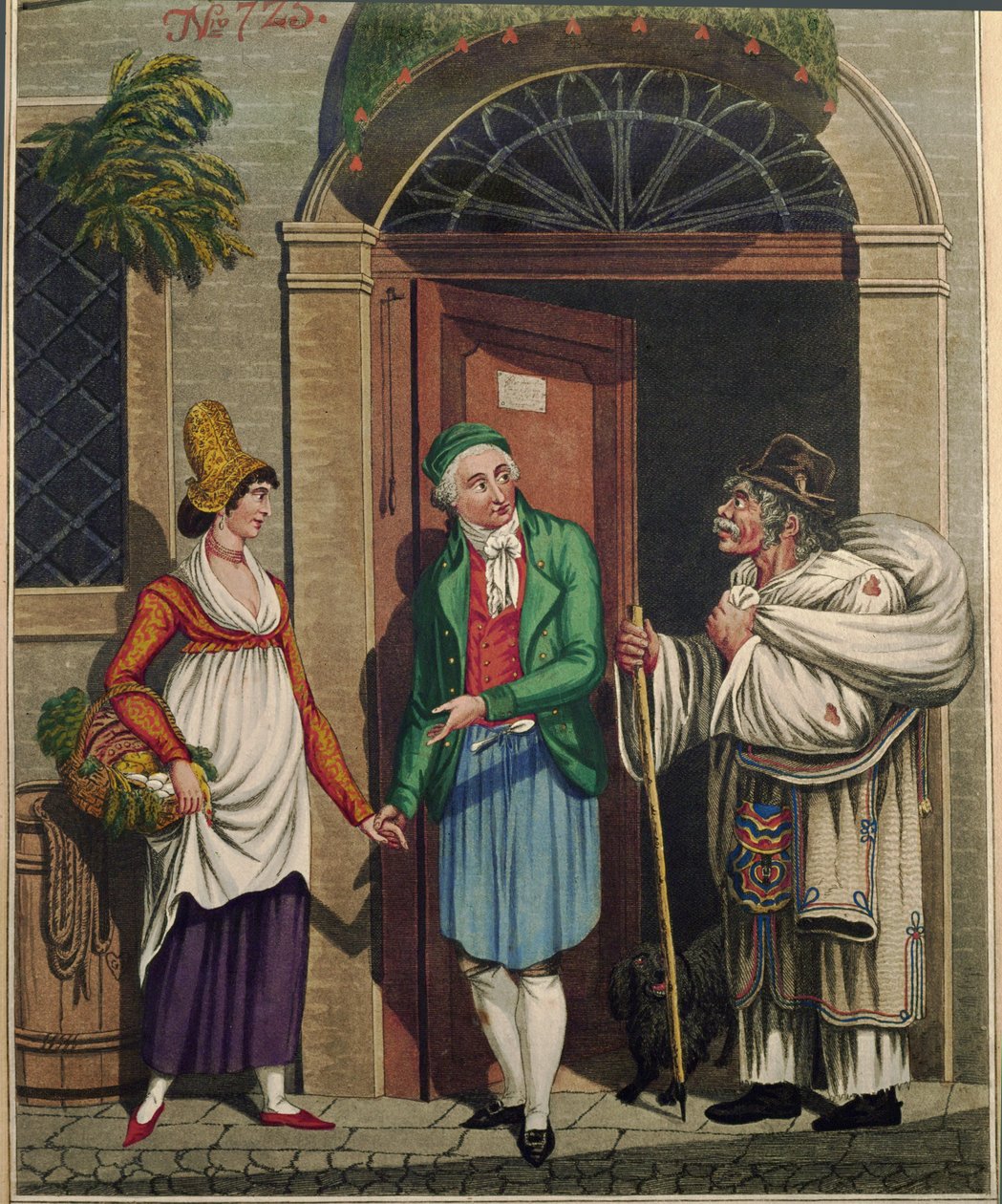 Cozinheiro e mordomo com comerciantes croatas a vender roupa de cama, de uma série de Tipos Vienenses ... de Johann Adolph Opitz