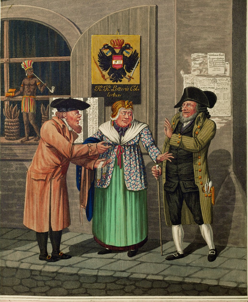 Três judeus de Viena em frente a uma casa de lotaria e a uma tabacaria ... de Johann Adolph Opitz