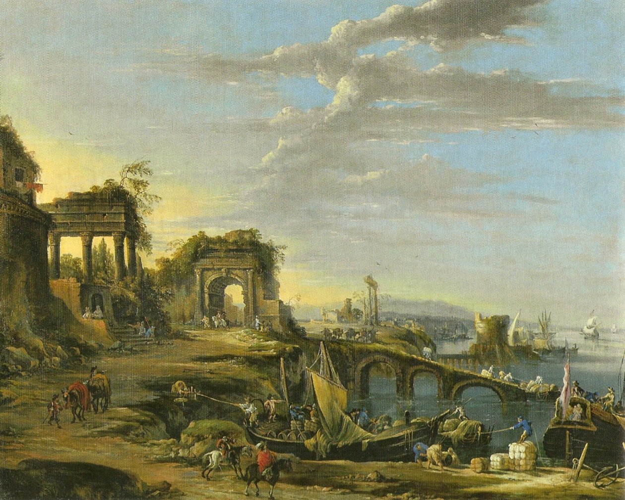 Alemão: Paisagem costeira com ruínas antigas de Johann Anton Eismann