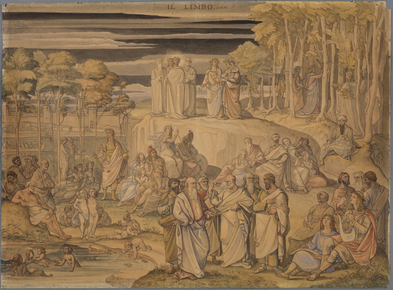 Dante no Limbus, ou o lugar onde permanecem as almas boas, mas não batizadas. Aqui, encontra os grandes espíritos da Antiguidade e as crianças inocentes de Johann Anton Ramboux