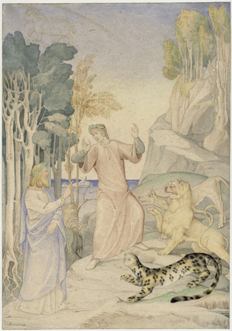 Dante e Virgílio perante as três feras selvagens à entrada do Inferno de Johann Anton Ramboux