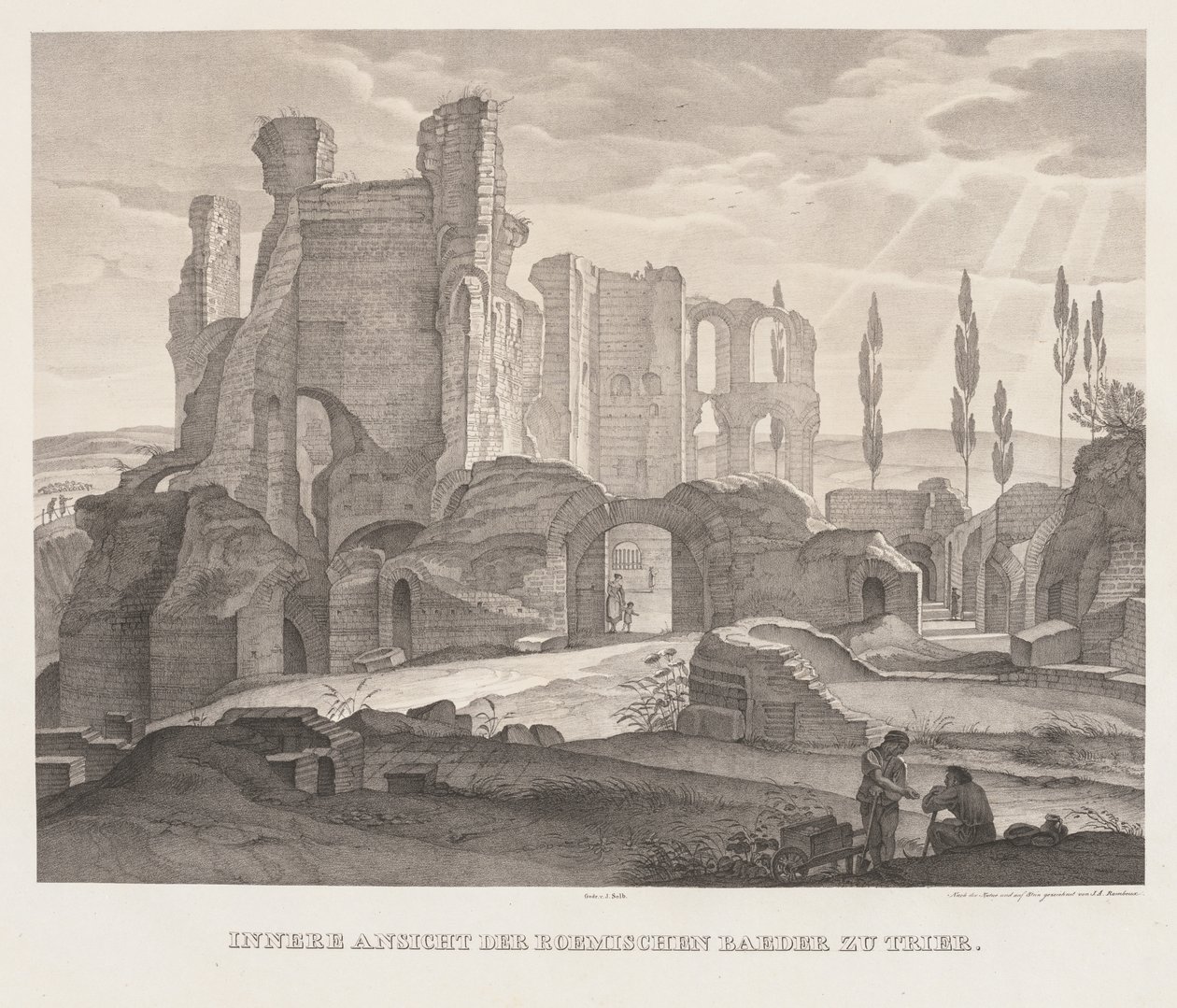 Vista interior dos banhos romanos em Trier, 1826. de Johann Anton Ramboux
