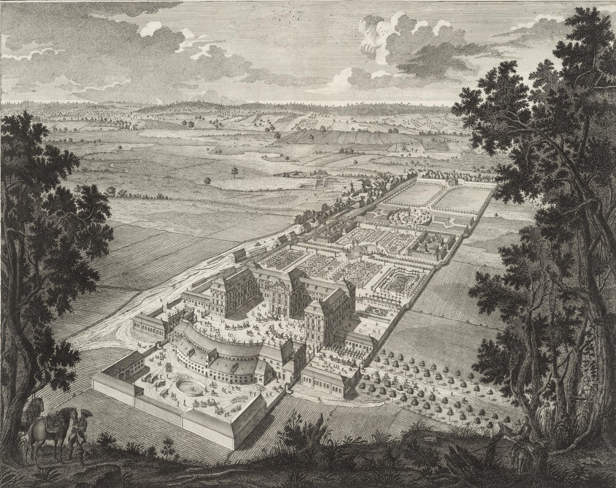 Vista aérea em perspectiva do zoológico do Castelo de Weissenstein em Pommersfelden de Johann August Corvinus