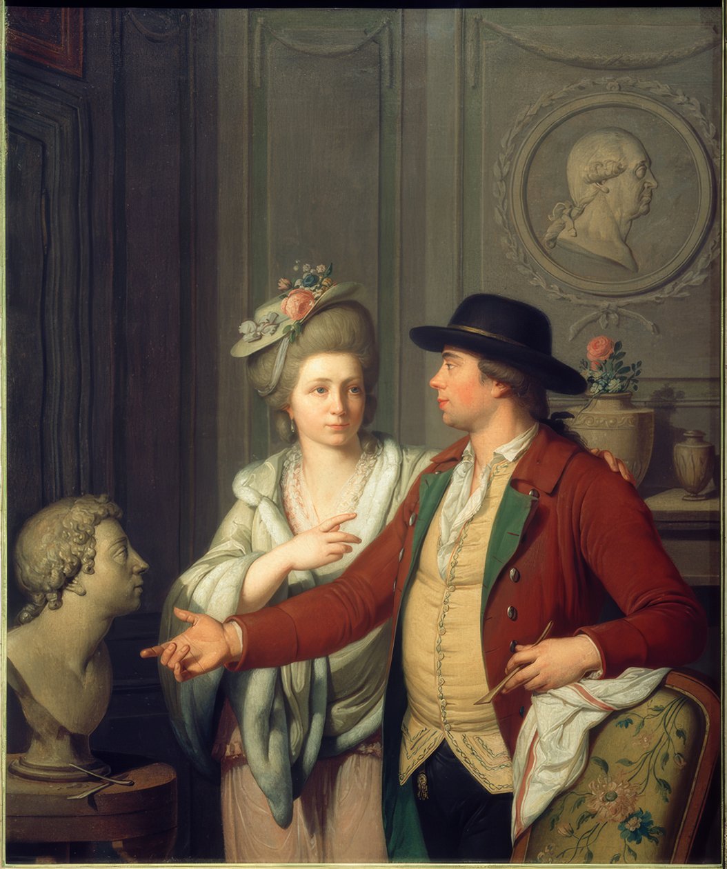 Samuel Nahl mostra à sua noiva o busto do seu irmão de Johann August Nahl der Jüngere