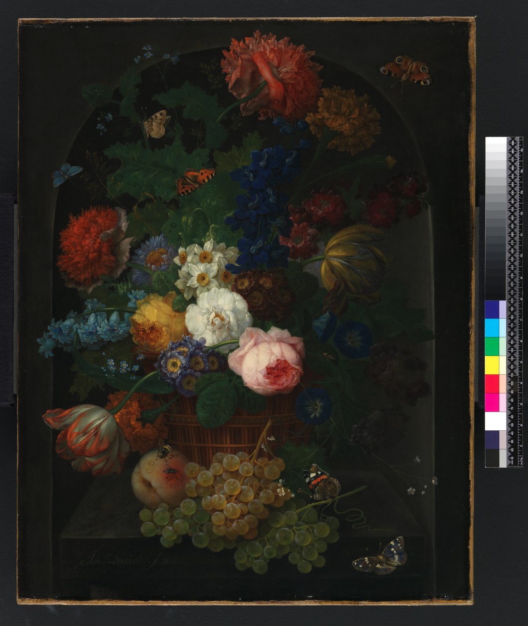 Um cesto de flores com frutas de Johann Baptist Drechsler