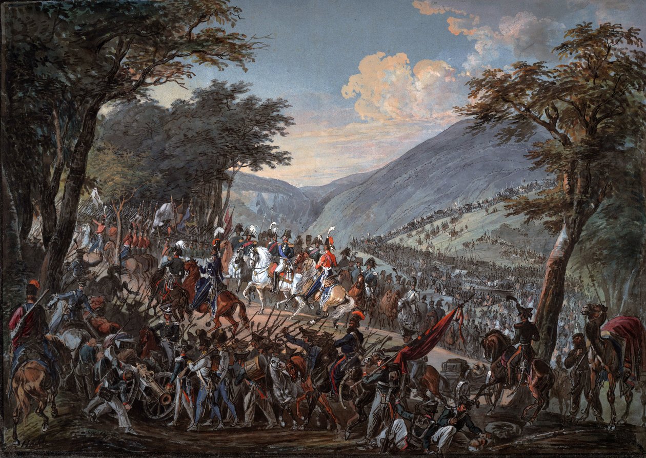 Imperador Alexandre I (1777-1825) e sua comitiva passaram pelas montanhas Vosges em julho de 1815 - Hoechle, Johann Baptist (1754-1832) - 1825 - Aquarela sobre papel - 70,9x99,7 - Coleção Particular de Johann Baptist Hoechle