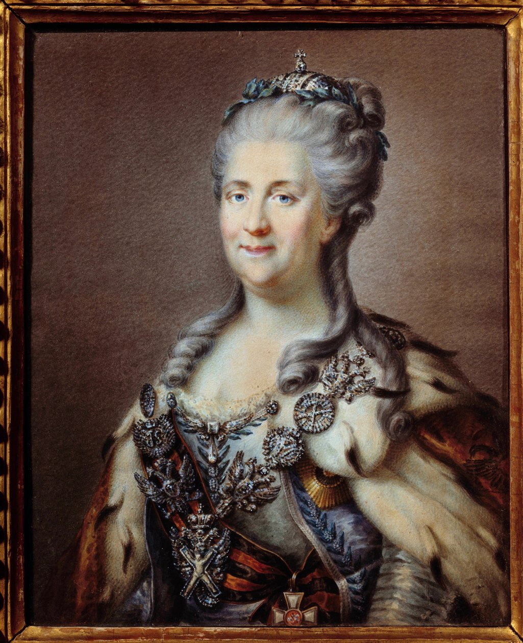 Retrato de Catarina II (1729-1796) imperatriz da Rússia com o colar de Santo André e o cordão da cruz de São Jorge Anónimo da aguarela do século XVIII, segundo a pintura de Johann Baptist von Lampi (1751-1830) Paris, museu de Johann Baptist I (after) Lampi